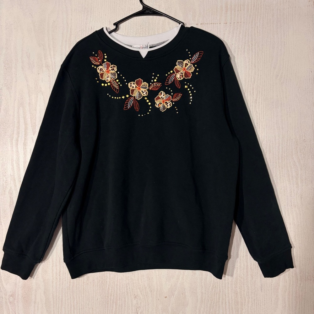 Hasting & Smith Sweatshirt Women Large Black Floral Embroidered Studded Top